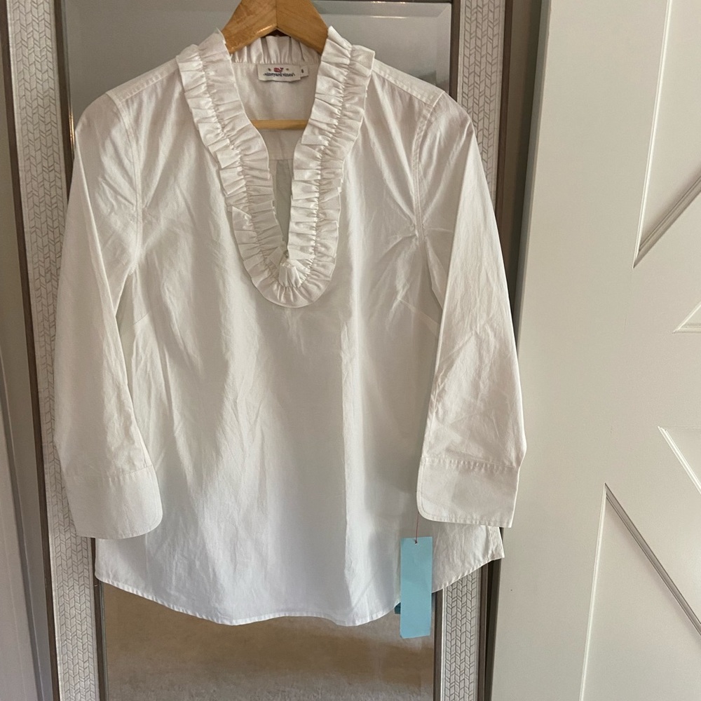 Vineyard Vines Womens 3/4 Sleeve White Ruffle Top